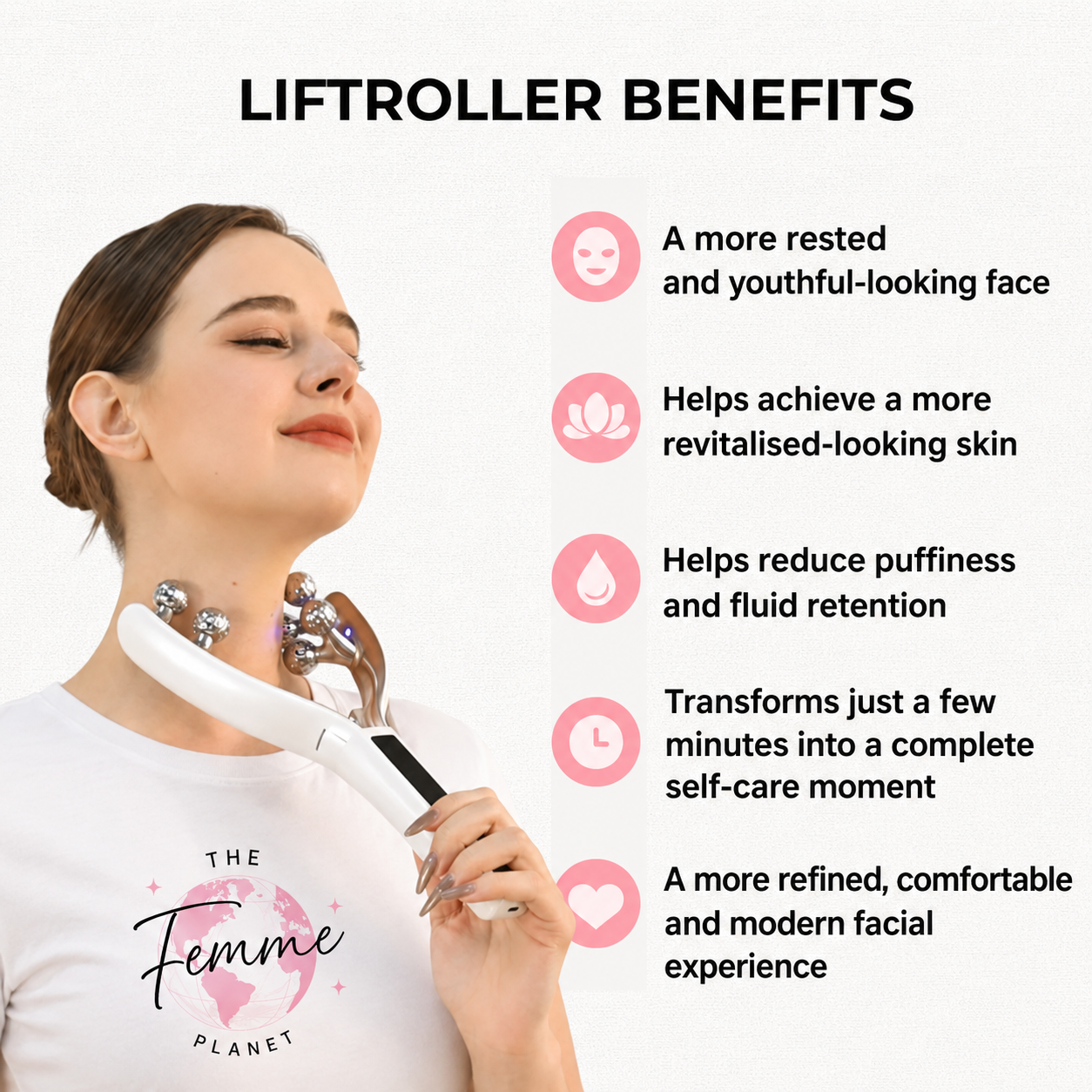 LiftRoller - Massage device with Radiofrequency, EMS, LED therapy, and vibration.